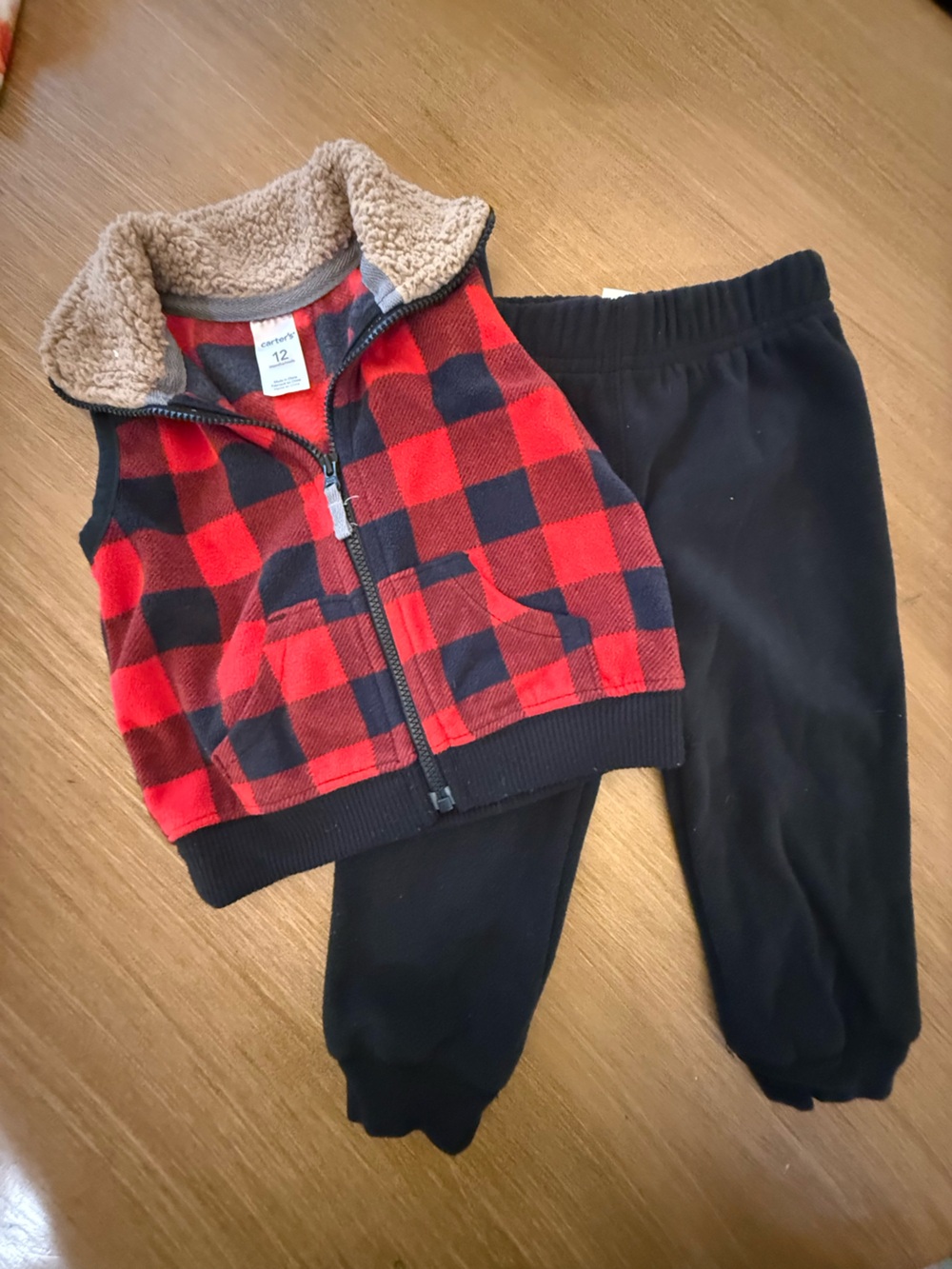 Carter's Red and Black Buffalo Plaid Sherpa-Lined Vest with Black Joggers